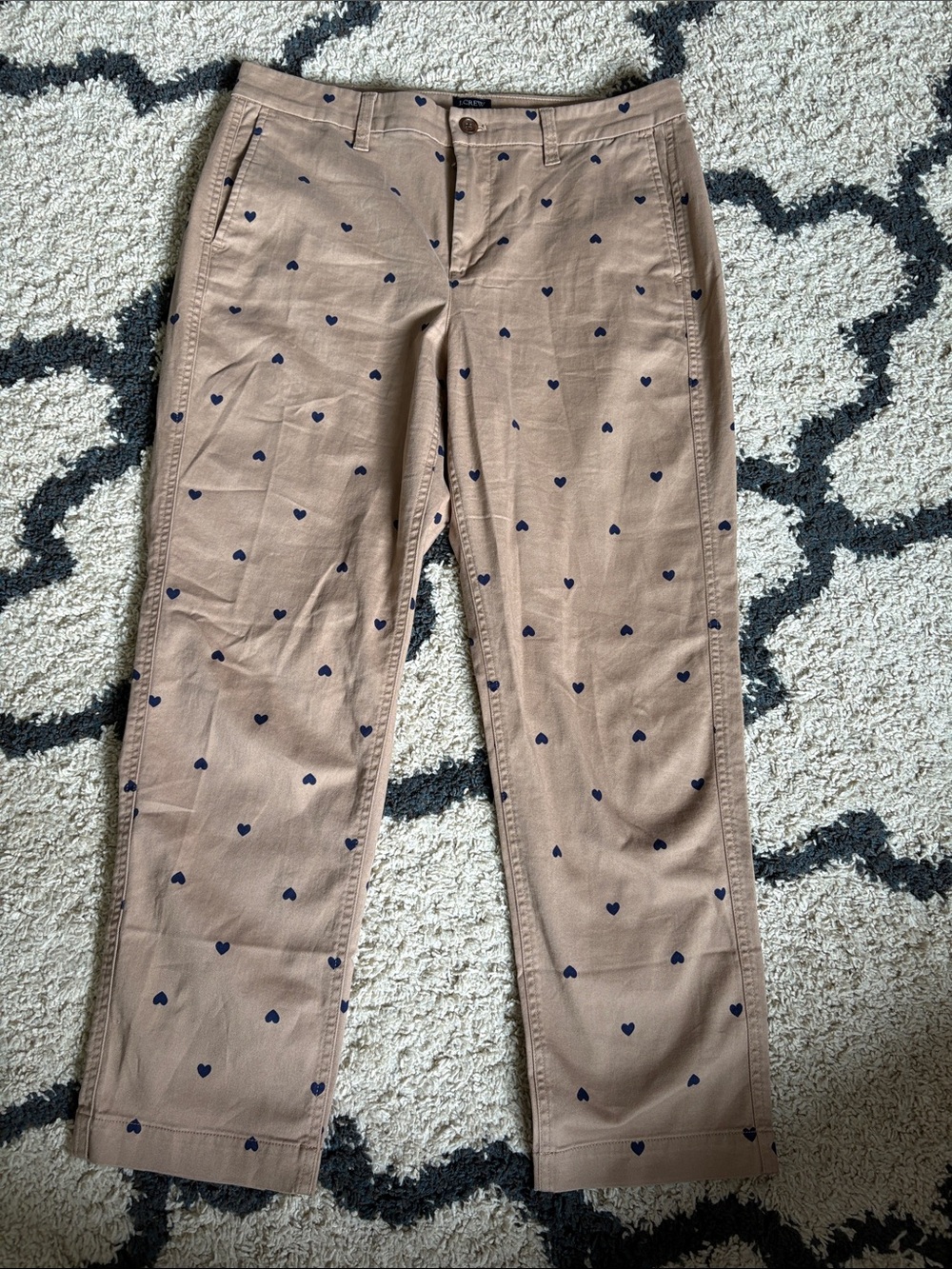 J. Crew Tan Chinos with Navy Heart Motif